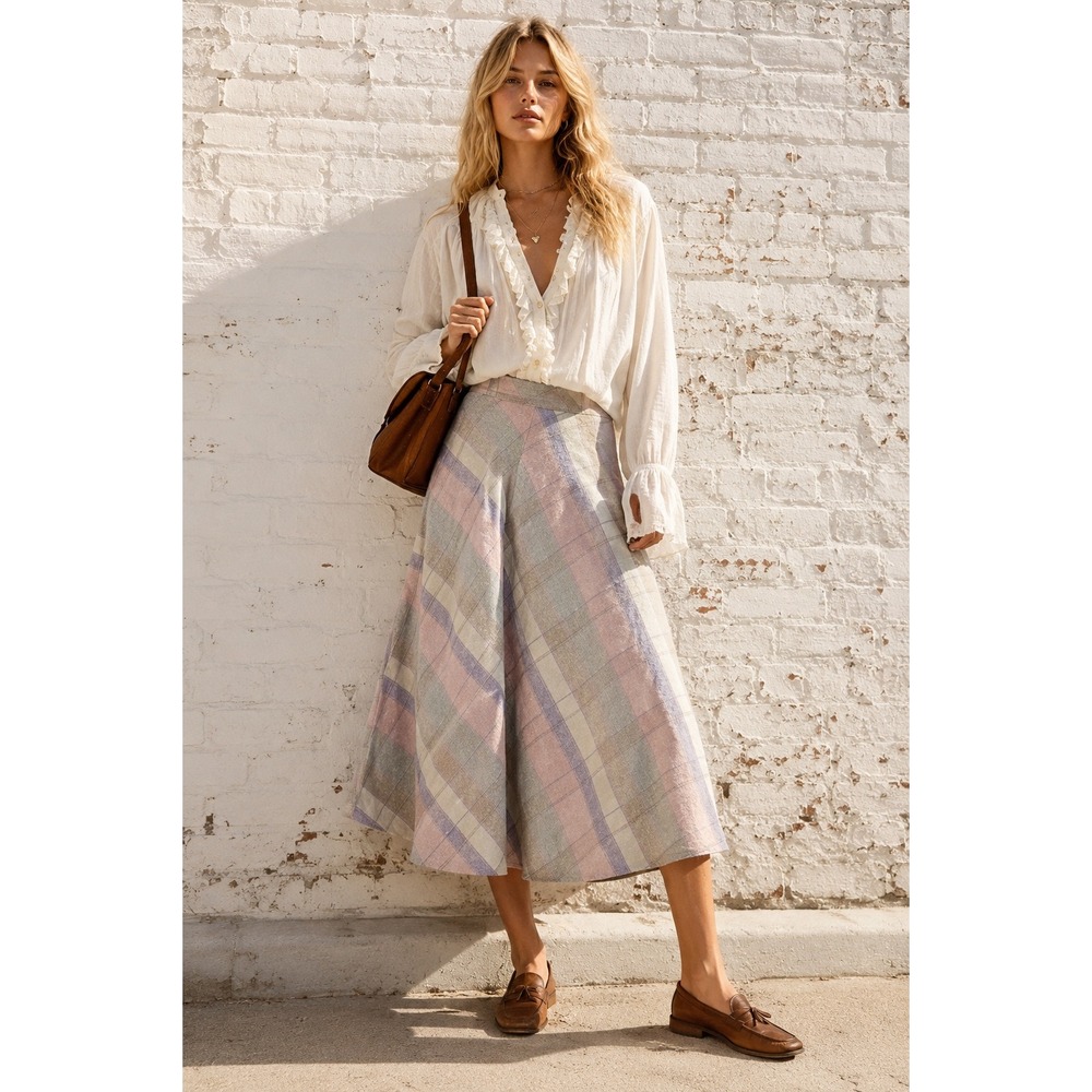 Vintage Pink Purple Plaid Wool Blend A-Line Midi Skirt Academic Pastel 12